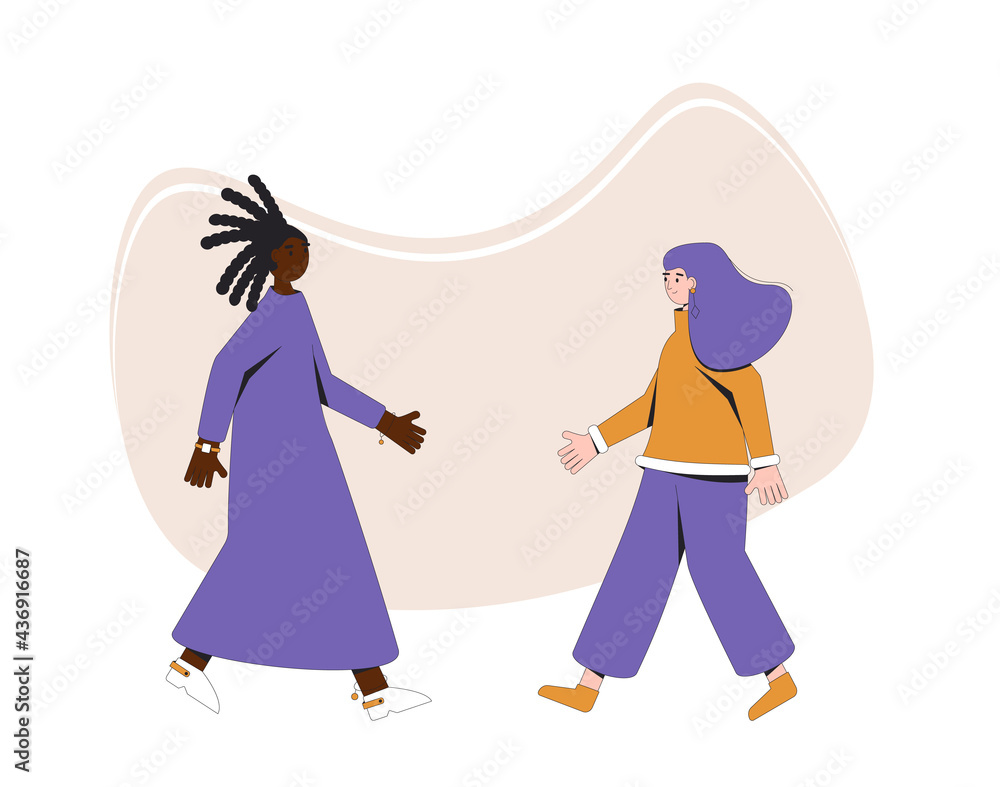 Two teenagers meeting. Young friends going towards each other. Vector line illustration. Two teenagers meeting. Young friends going towards each other. Vector line illustration.