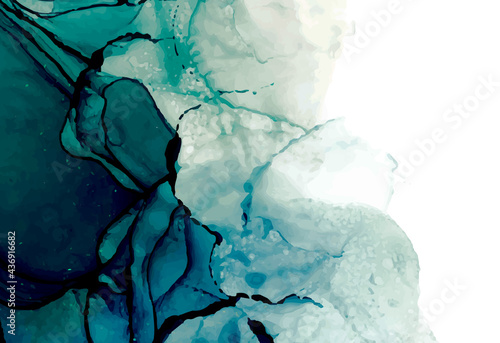 Abstract vector green background, alcohol ink texture with white copy space, hand drawn illustration with dry fluid design