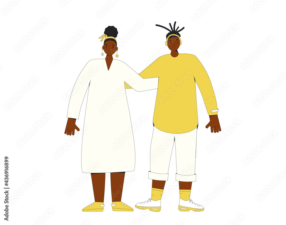 African american couple teenagers standing together. Young female and male friends wearing in casual clothes. Boy and girl. Vector line illustration. African american couple teenagers standing together. Young female and male friends wearing in casual clothes. Boy and girl. Vector line illustration.
