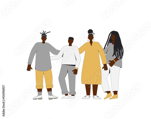 Group of african american teenagers standing together. Young female and male friends wearing in casual clothes. Boys and girls. Vector line illustration.