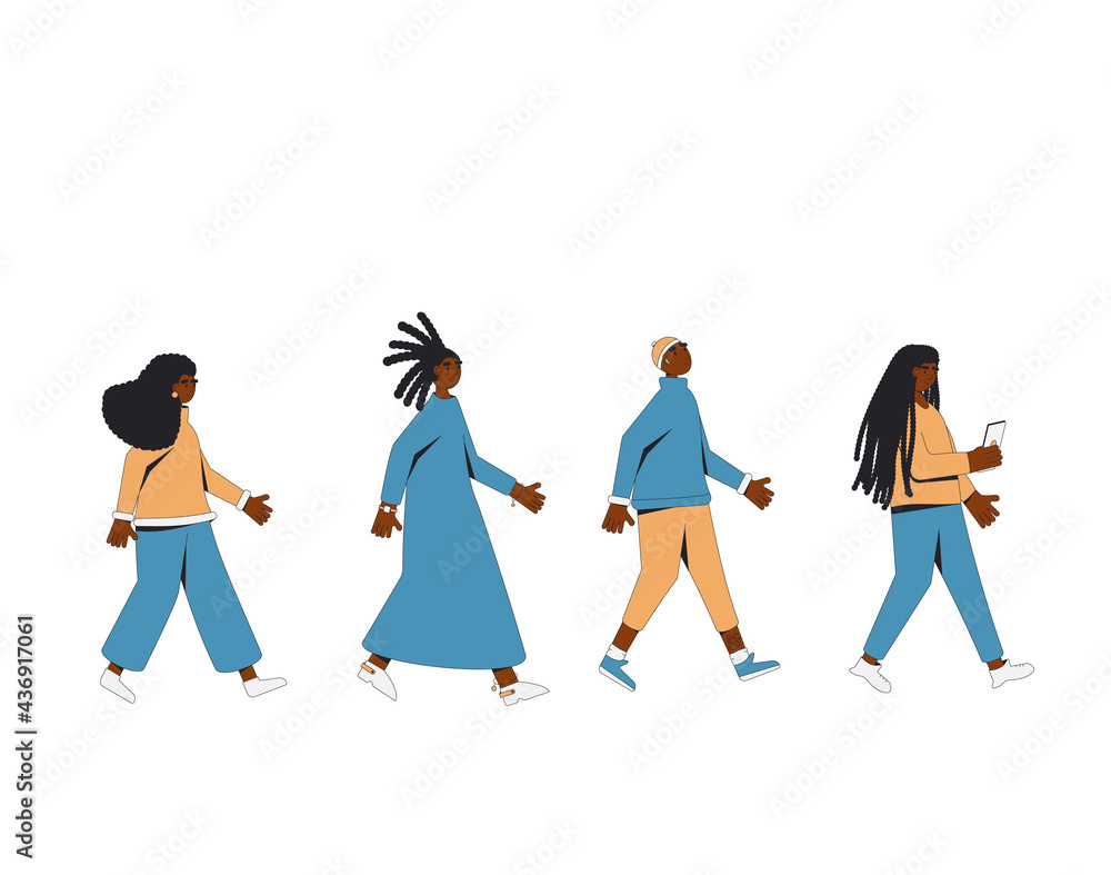 Group of african american teenagers walking one after another isolated on white background. Young female and male friends wearing in casual clothes marching in step together.