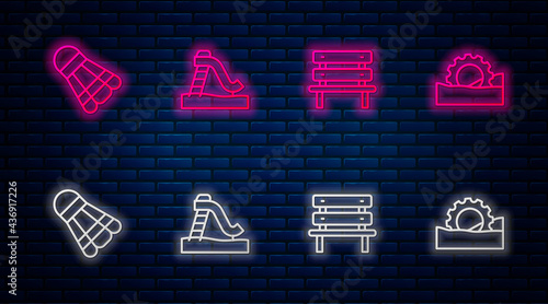 Set line Kid slide, Bench, Badminton shuttlecock and Ferris wheel. Glowing neon icon on brick wall. Vector