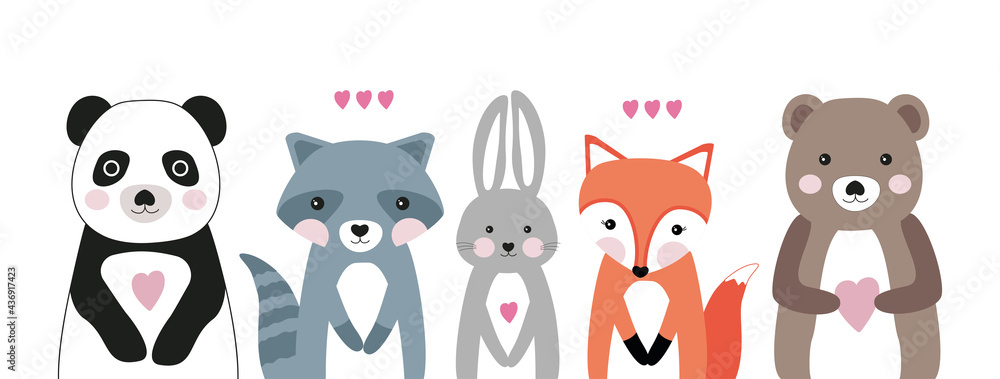 Set of vector animals isolated on white background. Panda, raccoon ...