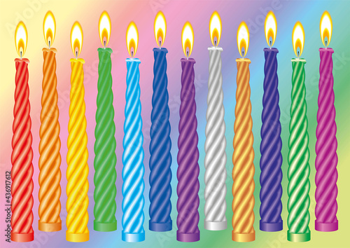 Twelve burning candles of various colors in vector format. For the decoration of parties, birthdays, holidays and other. 