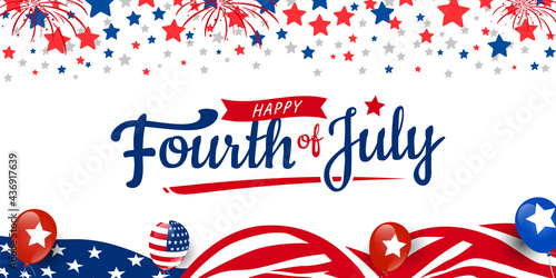 Trendy Fourth of July hand-lettering design with star and ribbon on usa blue, red, white starburst; firework, waving usa flag, balloons background
