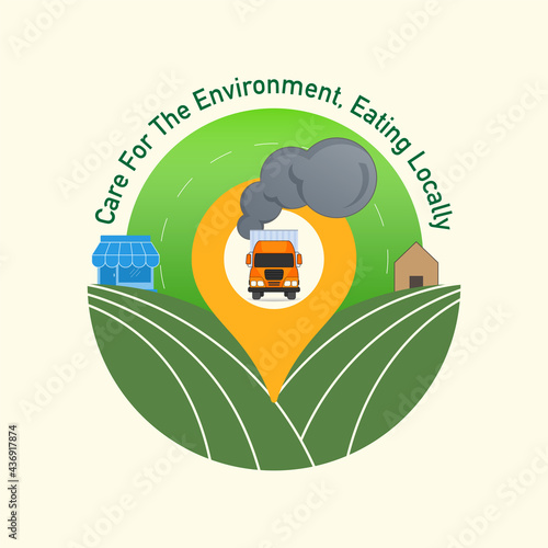 Location icon with cargo truck symbol on farmland background as a gimmick of eating locally help to reduce CO2 emission. Care for environment concept. Vector illustration outline flat design style.