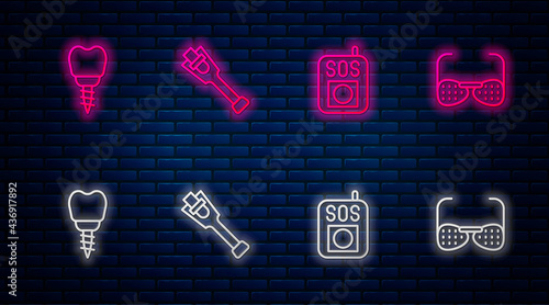 Set line Prosthesis leg, Press SOS button, Dental implant and Blind glasses. Glowing neon icon on brick wall. Vector