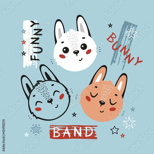 Cute Bunny Drawing for Tee Print Design for Kids. Little Hare Heads. Easter Rabbit Faces. Vector Baby Animals