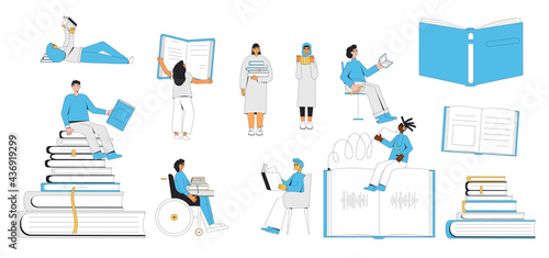 People with books set isolated. Literature fans. Reading lovers. Vector illustration.