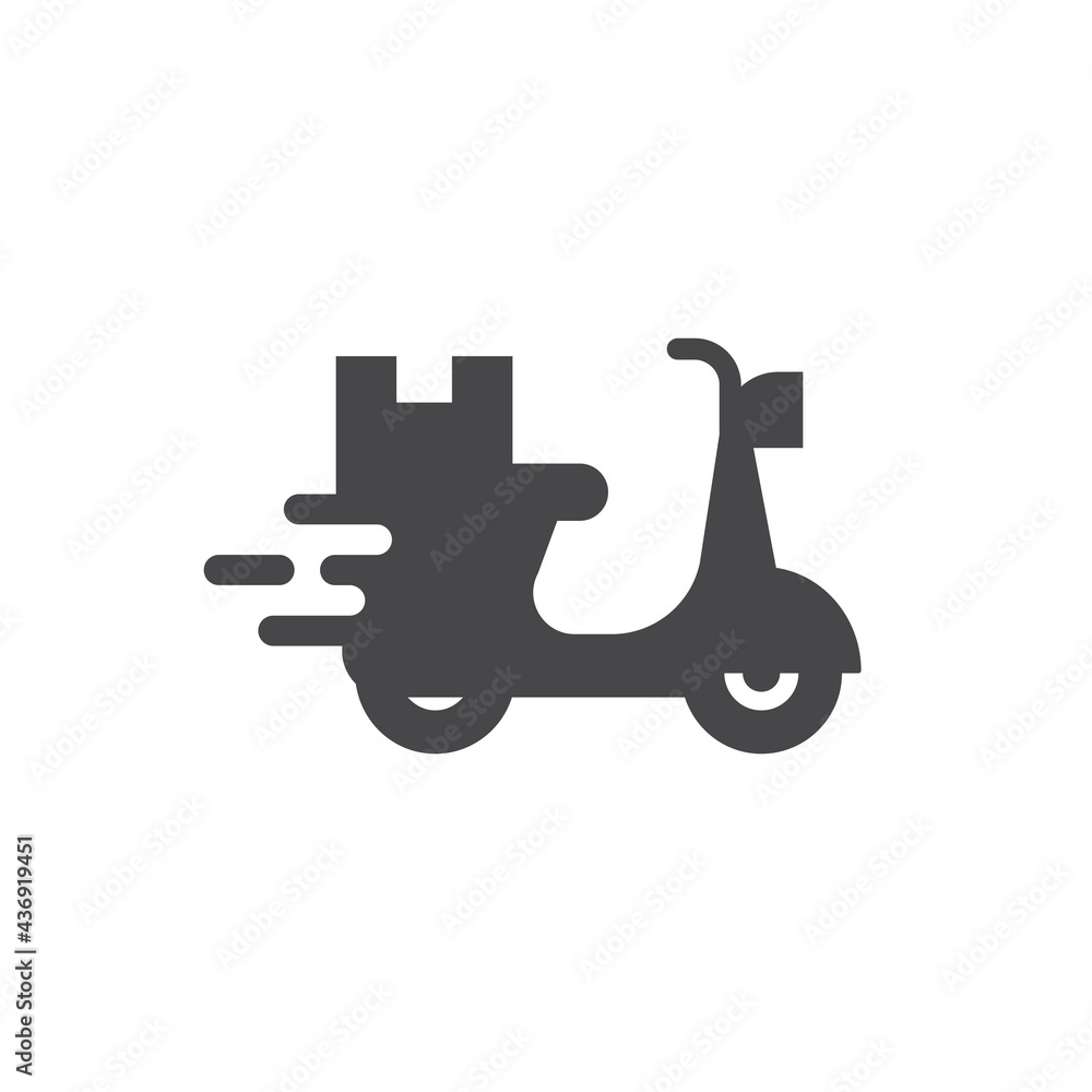 Motor scooter and delivery box vector icon. Fast delivery black symbol.