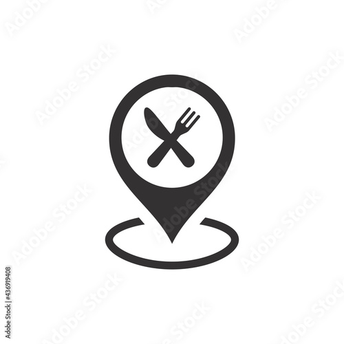 Location pin with crossed knife and fork icon. Map pointer for restaurant, diner.