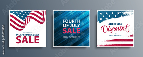 United States Independence Day Sale special offer promotional backgrounds set for business, advertising and holiday shopping. Fourth of July sales events cards. Vector illustration.