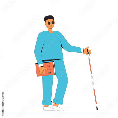 Blind young man with stick and book. Person with disability have a braille book.