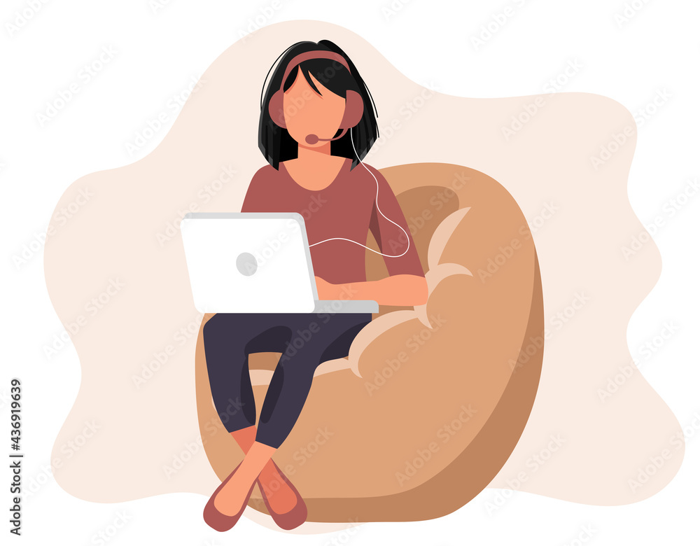 Home office concept, woman working from home, student or freelancer. Vector illustration in flat style Home office concept, woman working from home, student or freelancer. Vector illustration in flat style
