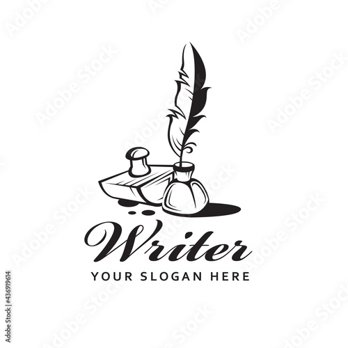 writer icon with feather pen, inkwell and ink drops isolated on white background