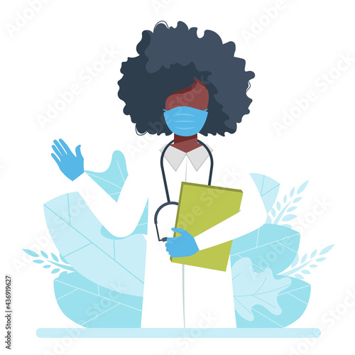 Female doctor wearing a medical mask and gloves. Coronavirus COVID-19 prevention concept. Vector illustration in flat style