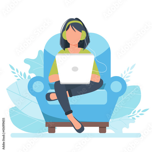 Home office concept, woman working from home, student or freelancer. Vector illustration in flat style