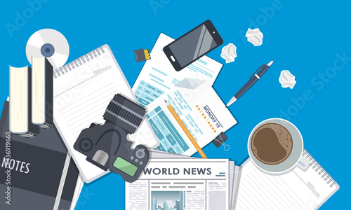 Journalism. Camera and photos. Mass media, television, interview, breaking news, press conference concept. Flat vector