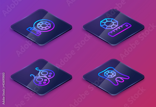Set Isometric line Jewelry store, Earrings, Gem stone and Tooth with diamond. Blue square button. Vector