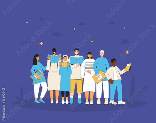 People with books. Young adults reading at night. Literature fan. Books lover. Vector illustration