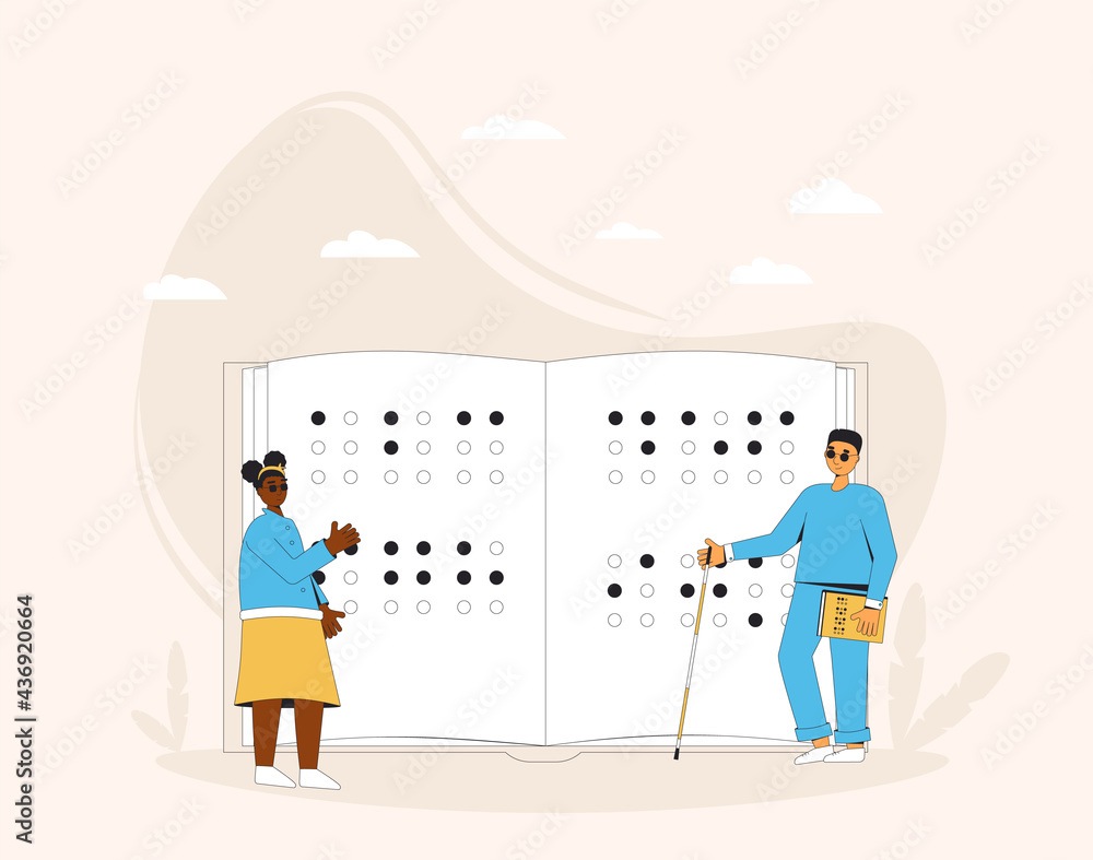 Braille literacy. Blind teenagers with huge book. Young people with ...