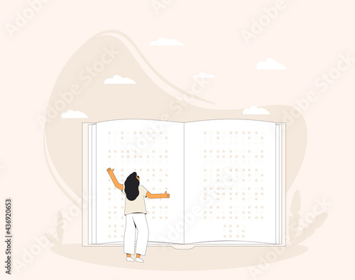 Blind young man with stick and book. Person with disability have a braille book.
