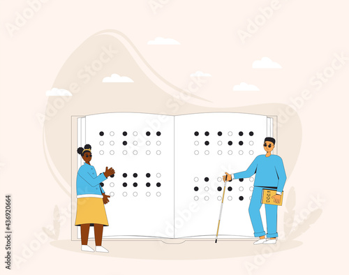 Braille literacy. Blind teenagers with huge book. Young people with disability reading.