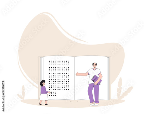 Braille literacy. Blind young man and girl with huge book. Vector illustration.