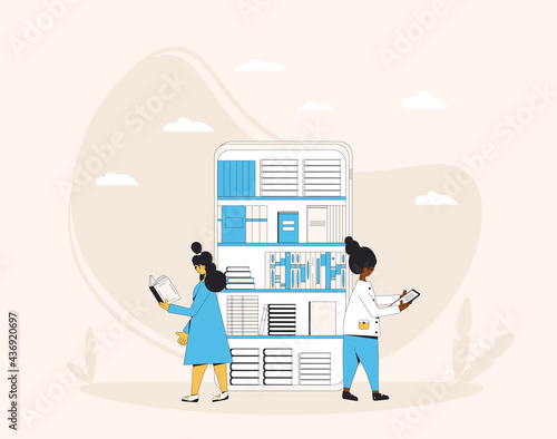 Online library or bookstore. Digital reading app. Electronic books. Knowledge, education, learning with smartphone.