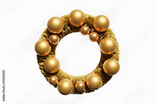 3d render of gold Christmas wreath with shiny gold baubles on a white background