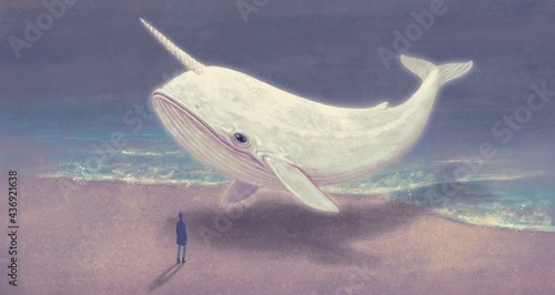 Sztuka surrealistyczna, malarstwo fantasy, Człowiek z pływającym wielorybem i morzem, ilustracja koncepcyjna, grafika koncepcyjna wyobraźni