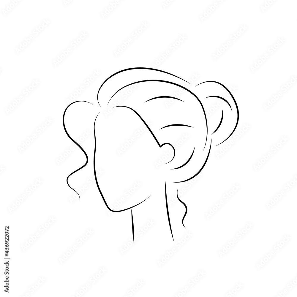 The silhouette of a womans face and hairstyle. An icon for a stylists design, logo, or business card. Vector illustration in the style of sketch, line art, minimalism