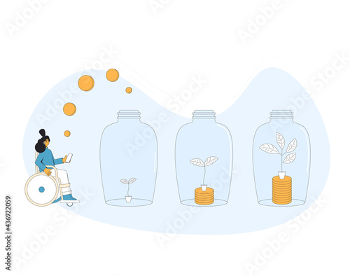 Investment return concept. Business growth. Young woman with money tree. Vector  line art illustration.