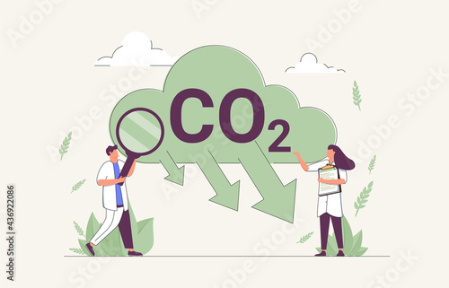 CO2 reduction to reduce carbon dioxide greenhouse gases tiny person concept. Alternative energy usage to eliminate