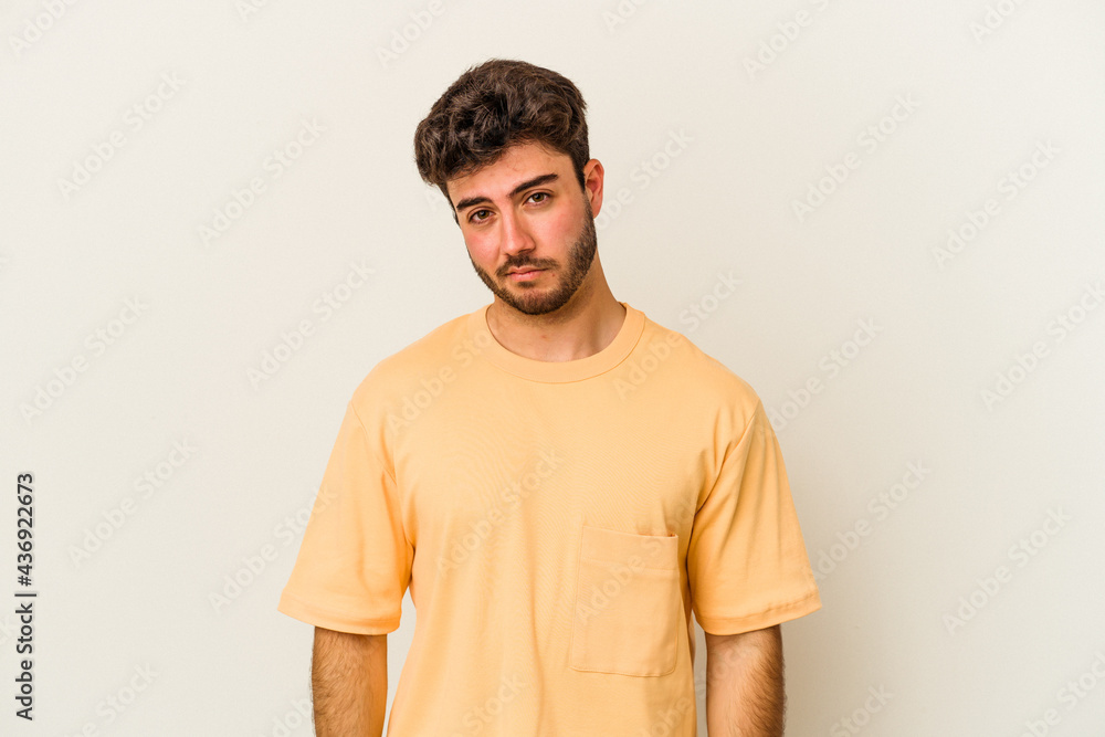 Young caucasian man isolated on white background sad, serious face, feeling miserable and displeased. Young caucasian man isolated on white background sad, serious face, feeling miserable and displeased.