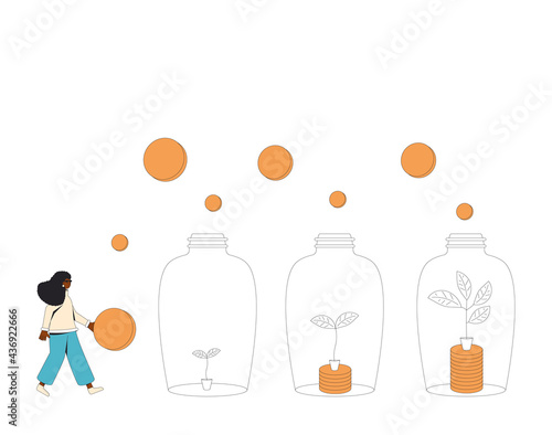 Investment return concept. Business growth. Young woman with money tree. Vector  line art illustration.