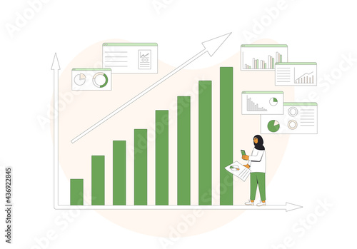 Investment concept. Young woman with stock market growing chart. Vector  line art illustration.