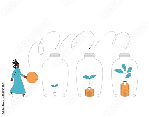 Investment return concept. Business growth. Young woman with money tree. Vector  line art illustration.