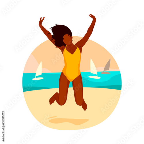 Happy girl in a yellow swimsuit on the beach, summer vacation, windsurfing. Flat vector illustration