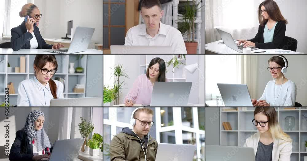 Collage, multiscreen of different people working at the laptop. Using a computer for remote education online. 4k. Collage, multiscreen of different people working at the laptop. Using a computer for remote education online. 4k.