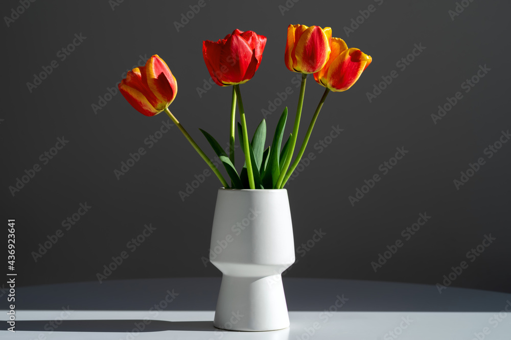 Bouquet of five tulips in a white vase on a gray background. Bouquet of five tulips in a white vase on a gray background.