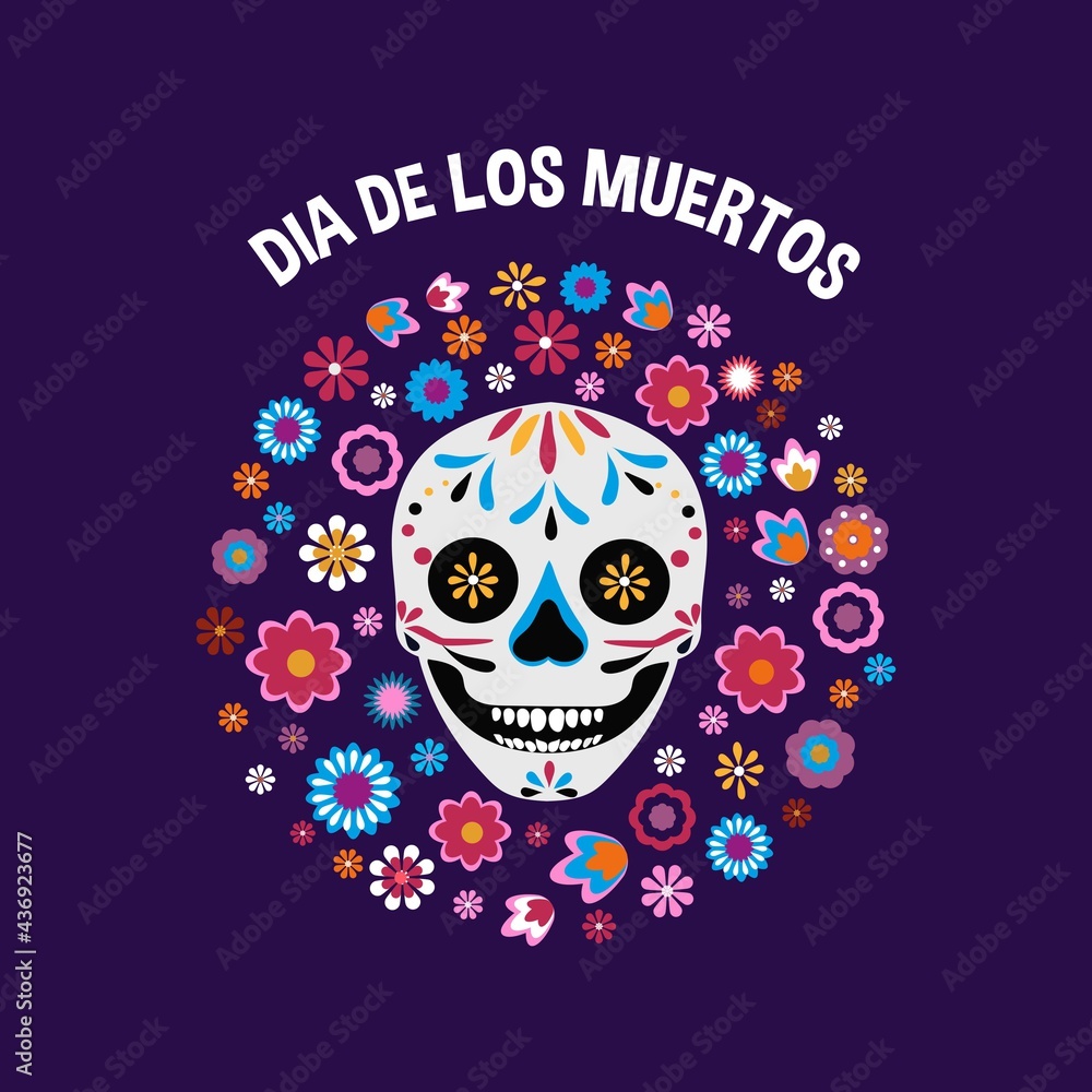 Dia de los Muertos greeting card with smiling skull and mexican flowers. Day of the dead design template in flat style. Vector illustration. Mexican holiday background, banner, poster, invitation etc Dia de los Muertos greeting card with smiling skull and mexican flowers. Day of the dead design template in flat style. Vector illustration. Mexican holiday background, banner, poster, invitation etc