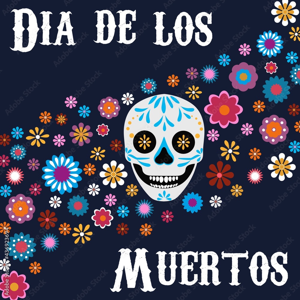 Day of the dead flat style background with happy skull and flowers. Dia de los Muertos mexican holiday concept. Colorful design template for fiesta, holiday, banner, flyer, card. Vector illustration
