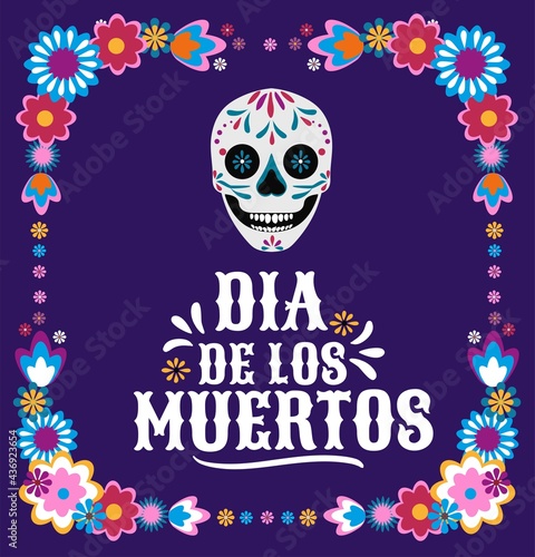 Day of the dead background. Dia de los muertos mexican holiday template for flyer, poster, banner, greeting card. Colorful flat style vector illustration. Skull and flowers typography card.