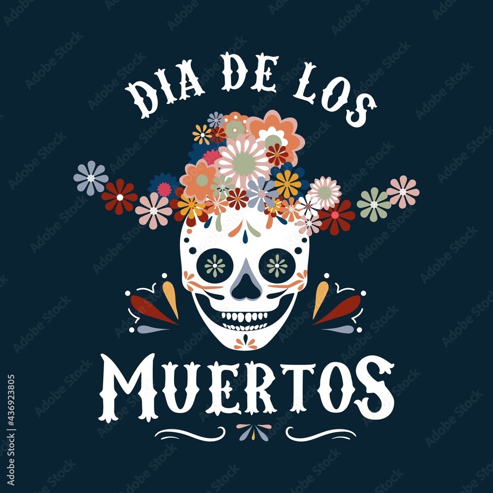 Dia de los Muertos greeting card with smiling skull in hat and flowers. Day of the dead design template in flat style. Vector illustration. Mexican holiday background, banner, poster, invitation etc