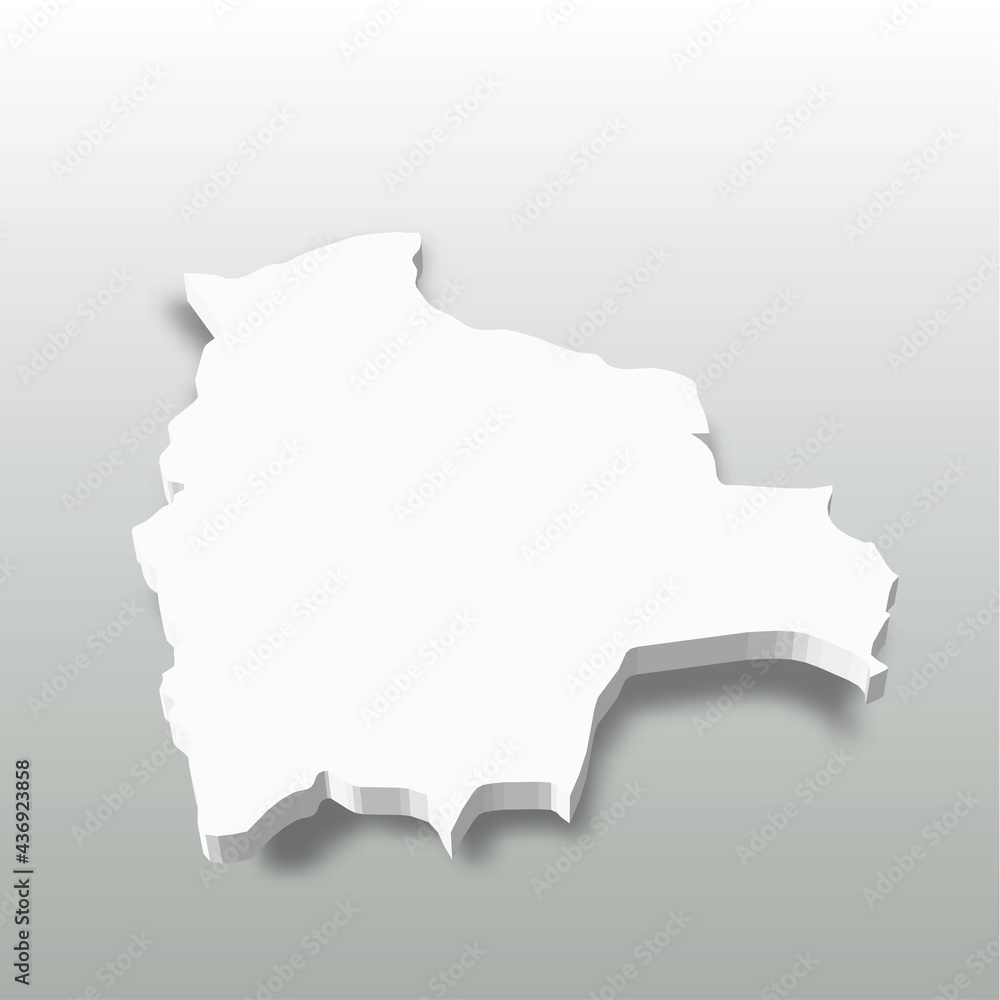 Bolivia - white 3D silhouette map of country area with dropped shadow on grey background. Simple flat vector illustration.
