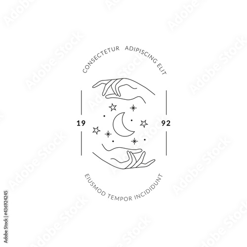 Boho hand drawn magic logo. Minimal bohemian mystic linear hands moon stars esoteric tattoo symbols, vector illustration