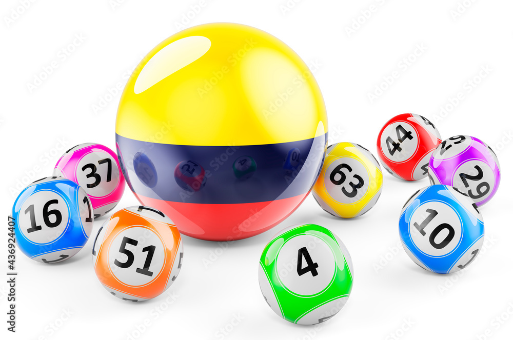 Lotto balls with Colombian flag. Lottery in Colombia concept, 3D rendering Lotto balls with Colombian flag. Lottery in Colombia concept, 3D rendering