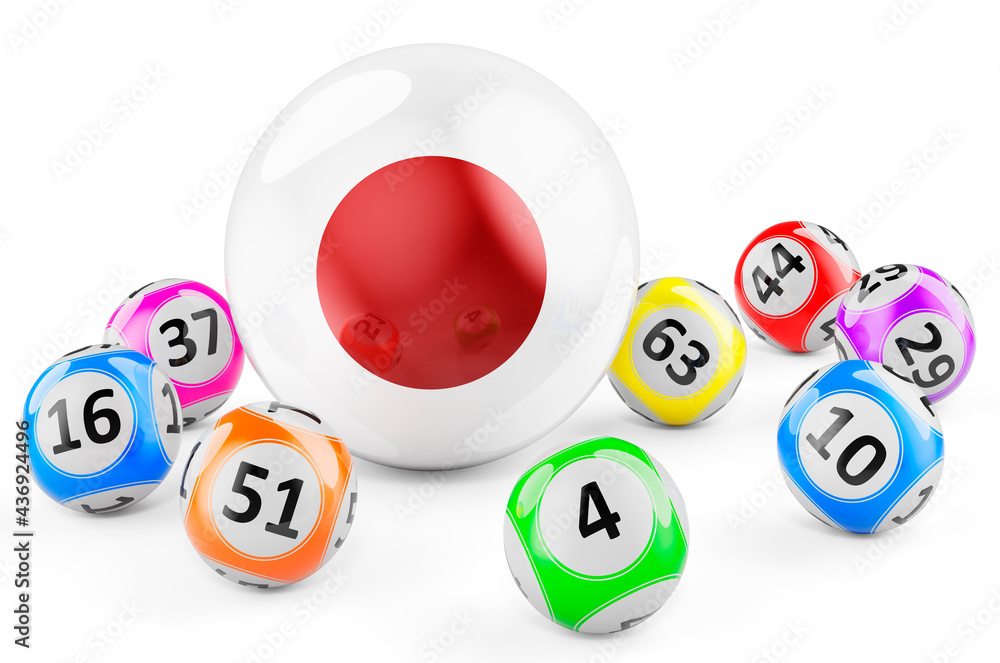 Lotto balls with Japanese flag. Lottery in Japan concept, 3D rendering Lotto balls with Japanese flag. Lottery in Japan concept, 3D rendering