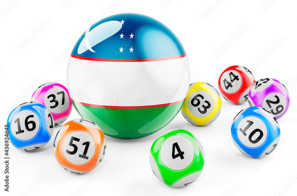Lotto balls with Uzbek flag. Lottery in Uzbekistan concept, 3D rendering Lotto balls with Uzbek flag. Lottery in Uzbekistan concept, 3D rendering